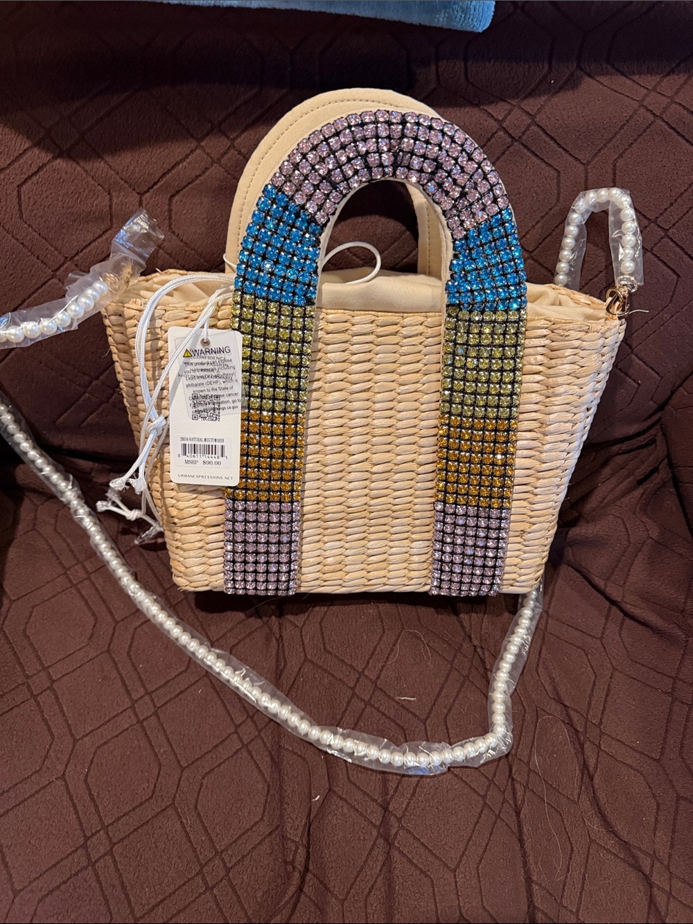 Urban Expressions Straw Crossbody Tote with Multicolor Crystal Handle